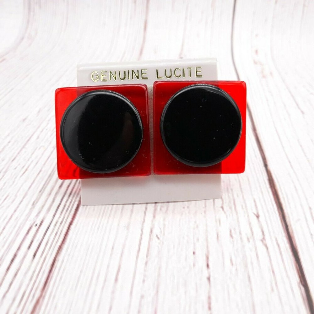 80s Square Red Black Lucite Earrings Large Statement